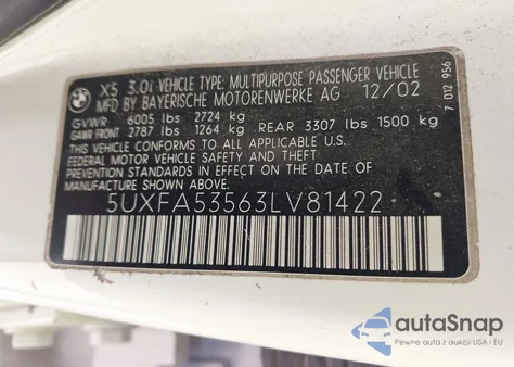 2003 BMW X5 3.0I z USA, uszkodzony, nr VIN 5UXFA53563LV81422